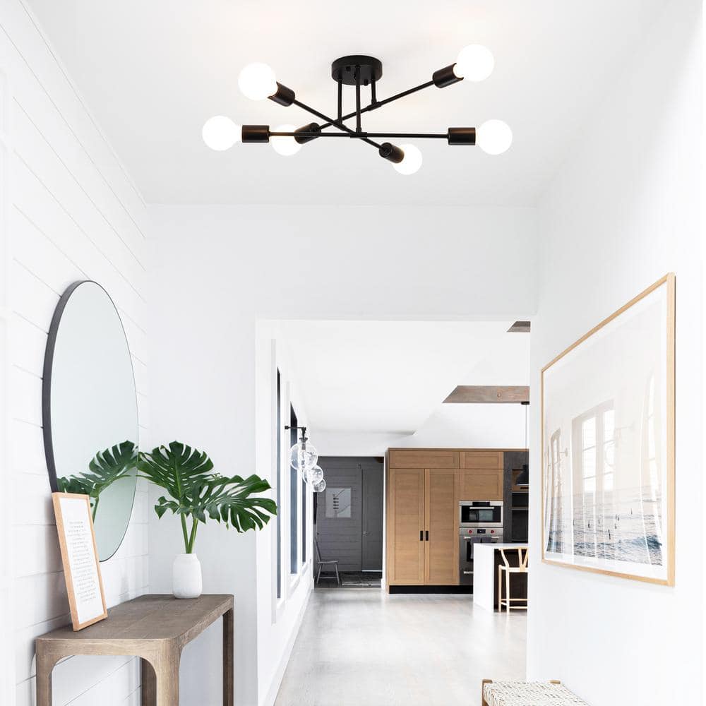 20.66 in. 6-Light Modern Matte Black Semi-Flush Mount for Bedroom Foyer with No Bulbs Included - Hercitys