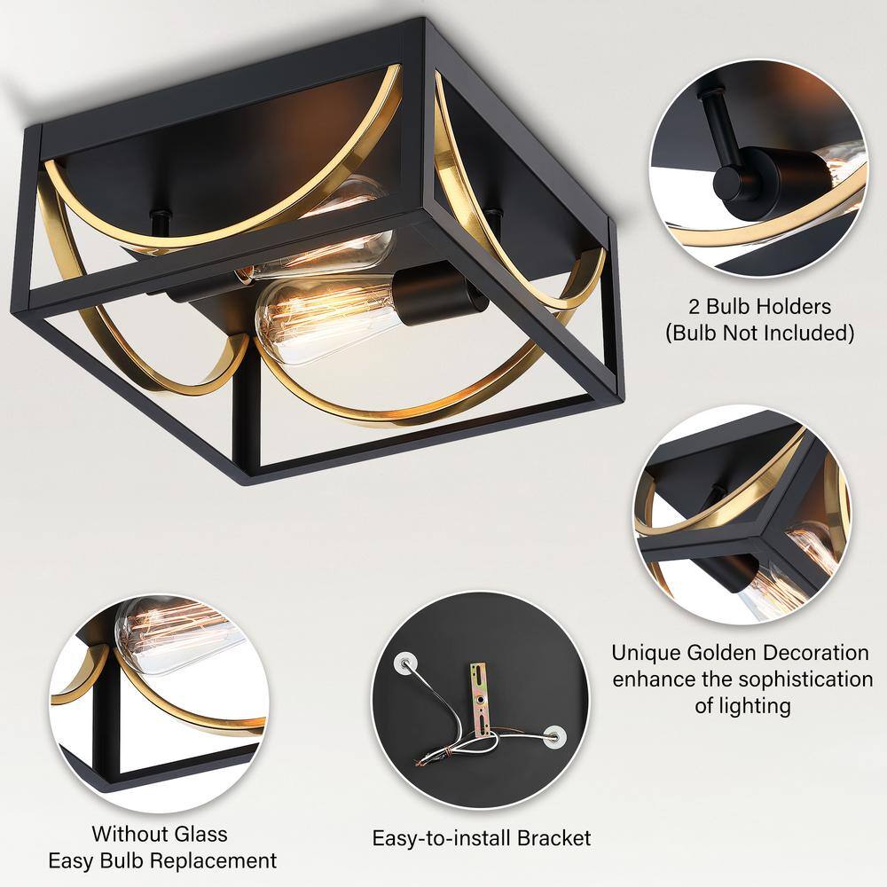 11.8 in. 2-Light Matte Black and Brass Square Flush Mount Ceiling Light - Hercitys