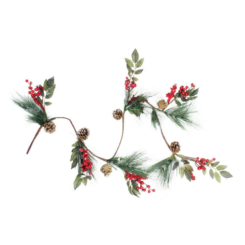 54 in. Unlit Snow Dusted Pine Cones Berries and Long Pine Needles Artificial Christmas Garland - Hercitys