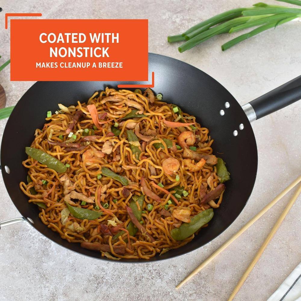 14 in. Carbon Steel Nonstick Wok w/ Bakelite & Triangle Handle, Excellent Heat Distribution Electric Stovetop Compatible - Hercitys