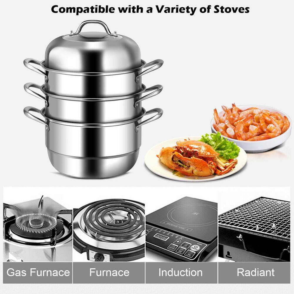 3-Tier 11.6 qt. Stainless Steel Steamer Insert Saucepot  Stock Pot with Lid, Safe Loop Handles - Hercitys