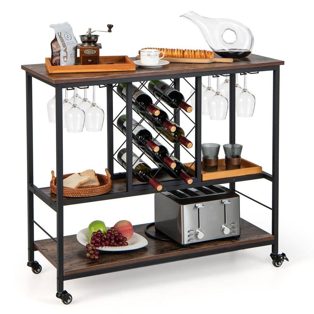 3-Tier Brown Rolling Kitchen Cart Wine Bar Cabinet with 8-Bottles Rack and 12-Glasses Hanger - Hercitys