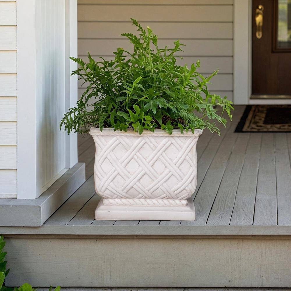 17.75 in. Light Aged White Cast Stone Square Lattice Planter - Hercitys