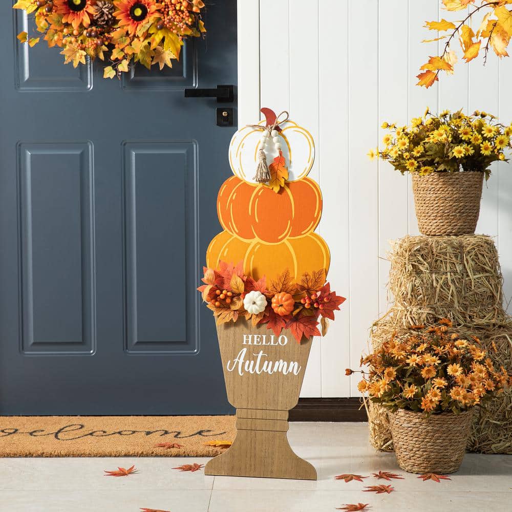 36 in. H Fall Wooden Stacked Pumpkin with Urn Porch Decor - Hercitys