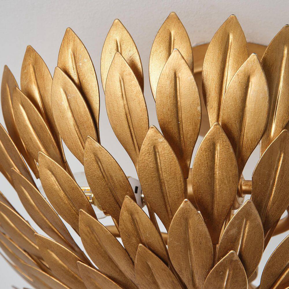 15.75 in. 3-Light Antique Gold Semi-Flush Mount Ceiling Light with Layers of Leaves Shade - Hercitys