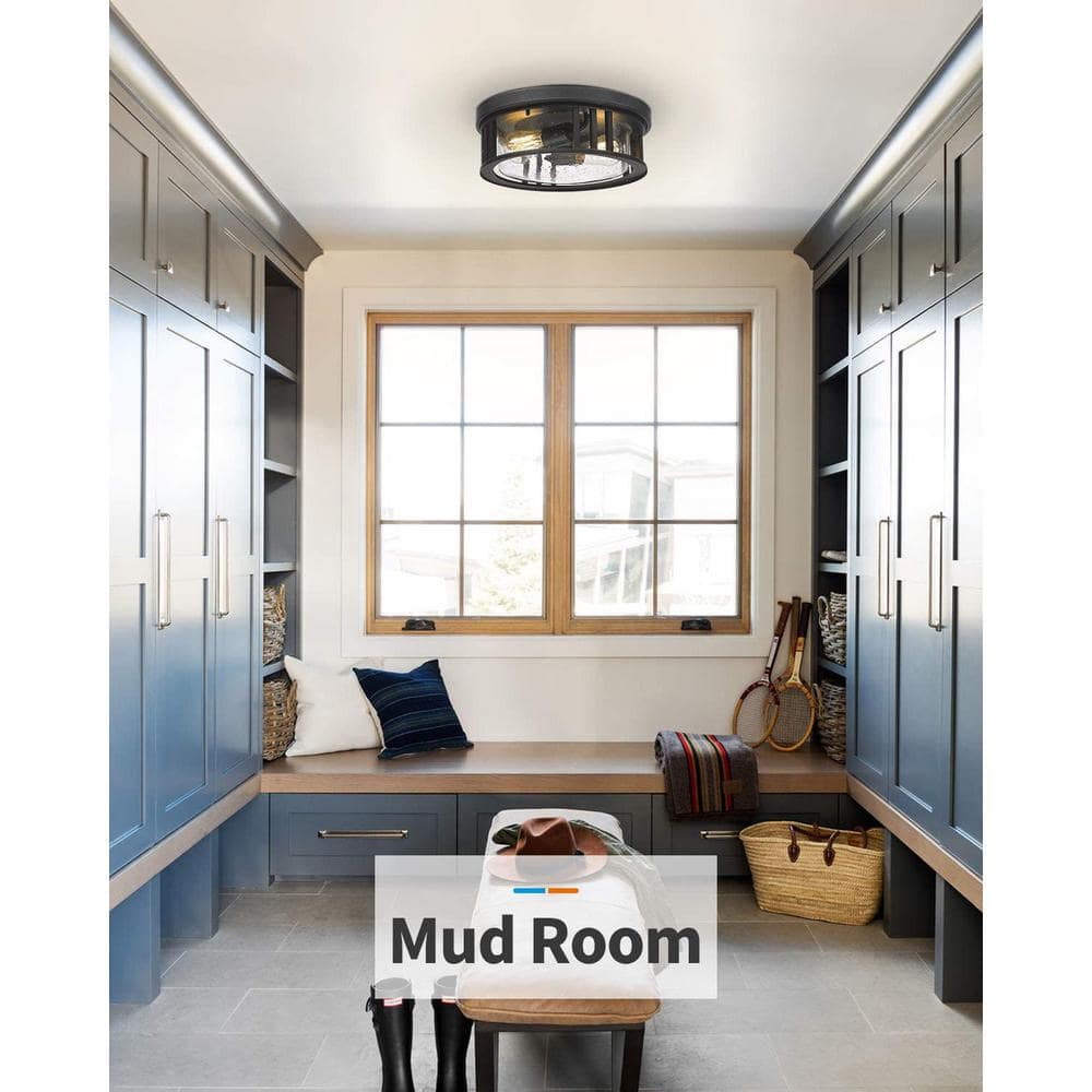 13 in. 2-Light Black Finish with Seeded Glass Flush Mount Ceiling Light - Hercitys