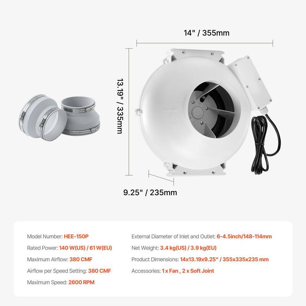 4 to 4.5 in. Radon Mitigation Fan System, Quiet 380 CFM Radon Mitigation Kit with 2-Couplers, Waterproof Radon Fan - Hercitys