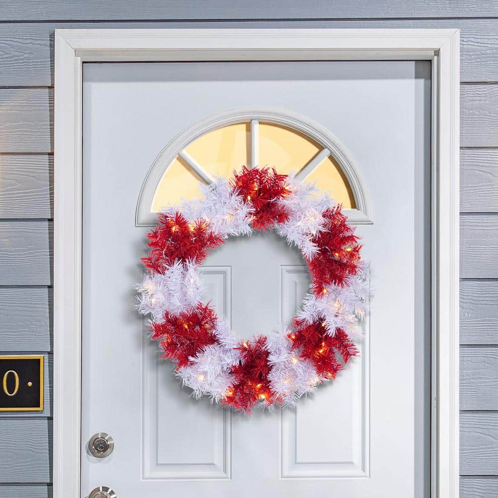 24 in. Dia Pre-lit Red and White Artificial Christmas Wreath with 50 Battery Operated LED Lights - Hercitys