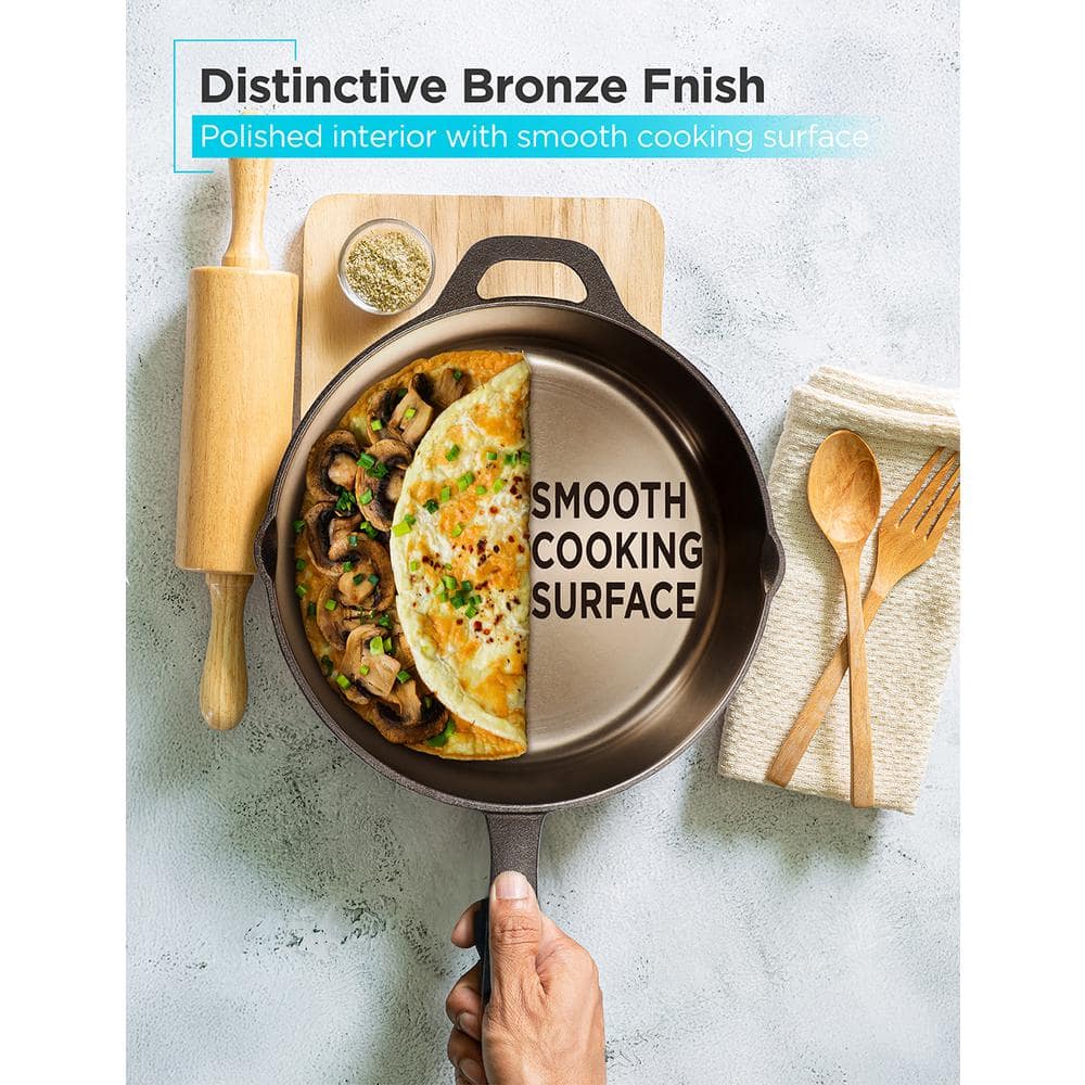10.25″ Cast Iron Skillet, Pre-Seasoned Frying Pan with Bronze Finish - Hercitys