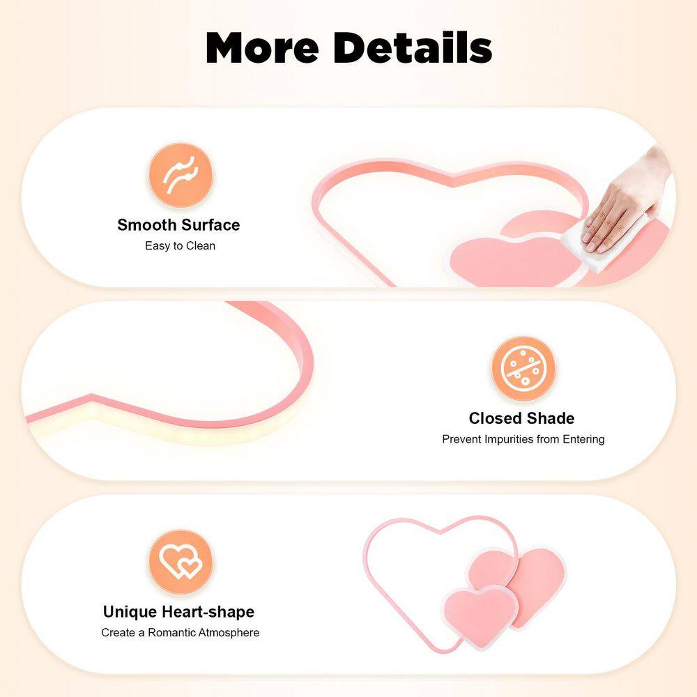 20.47 in. 1-Light Pink Modern Heart-Shaped Selectable LED Semi-Flush Mount Ceiling Light with Remote Control - Hercitys