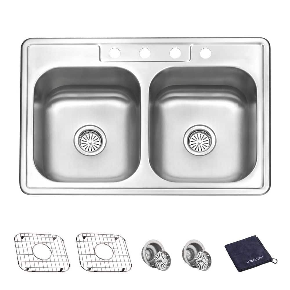 18 Gauge Stainless Steel 33 in. Double Bowl Drop-In Kitchen Sink with Bottom Grid - Hercitys
