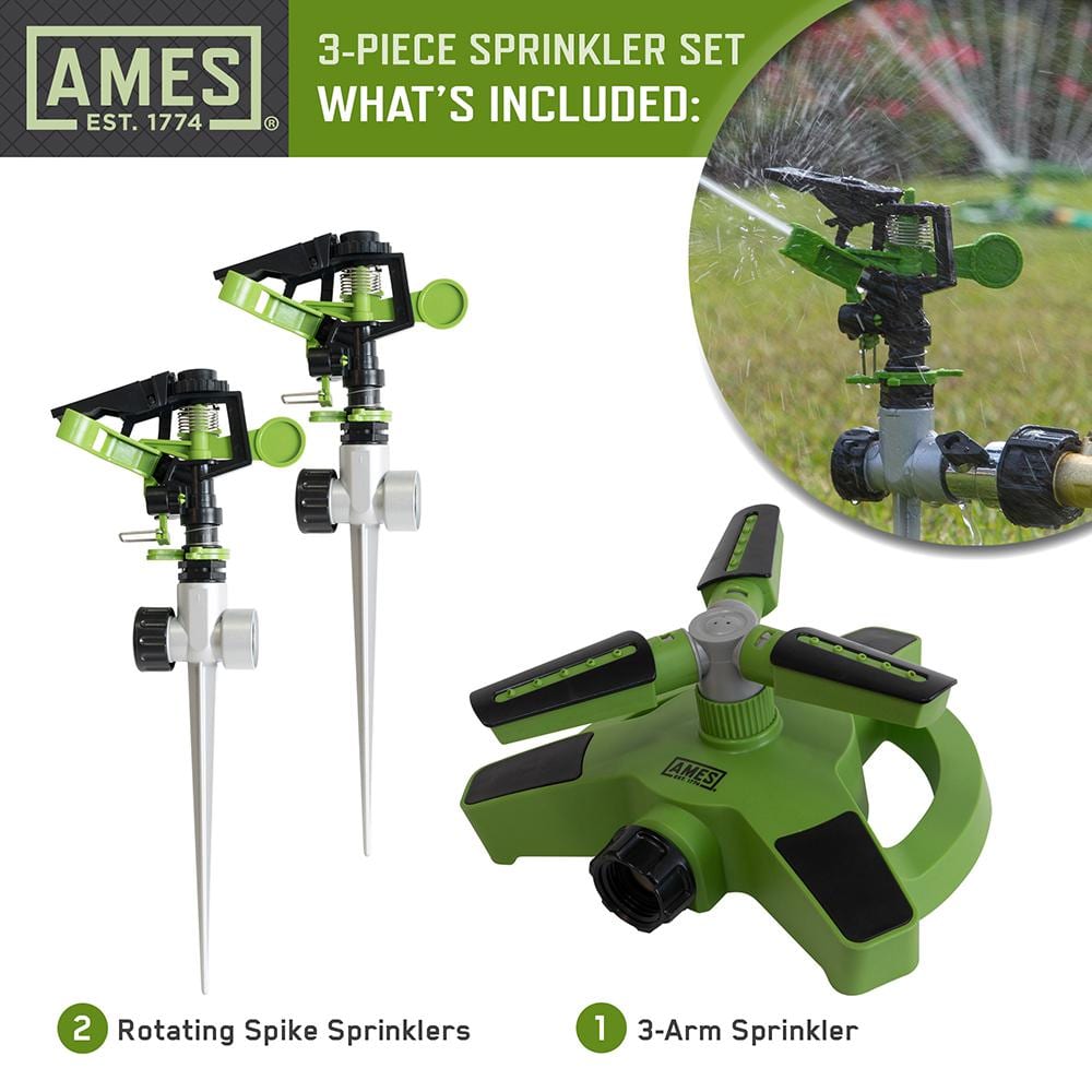 3-Piece Revolving Sprinkler Set with 2 Pulsating Spike Style and one 3-Arm Rotating Sprinkler System - Hercitys
