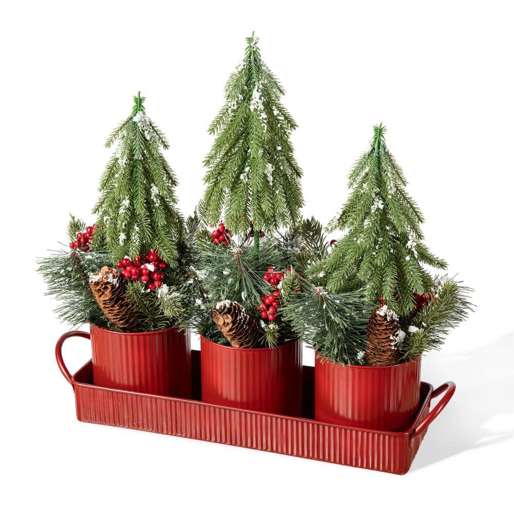 21 in. L Christmas Metal Potted Triple Trees Centerpiece or Table Tree - Hercitys