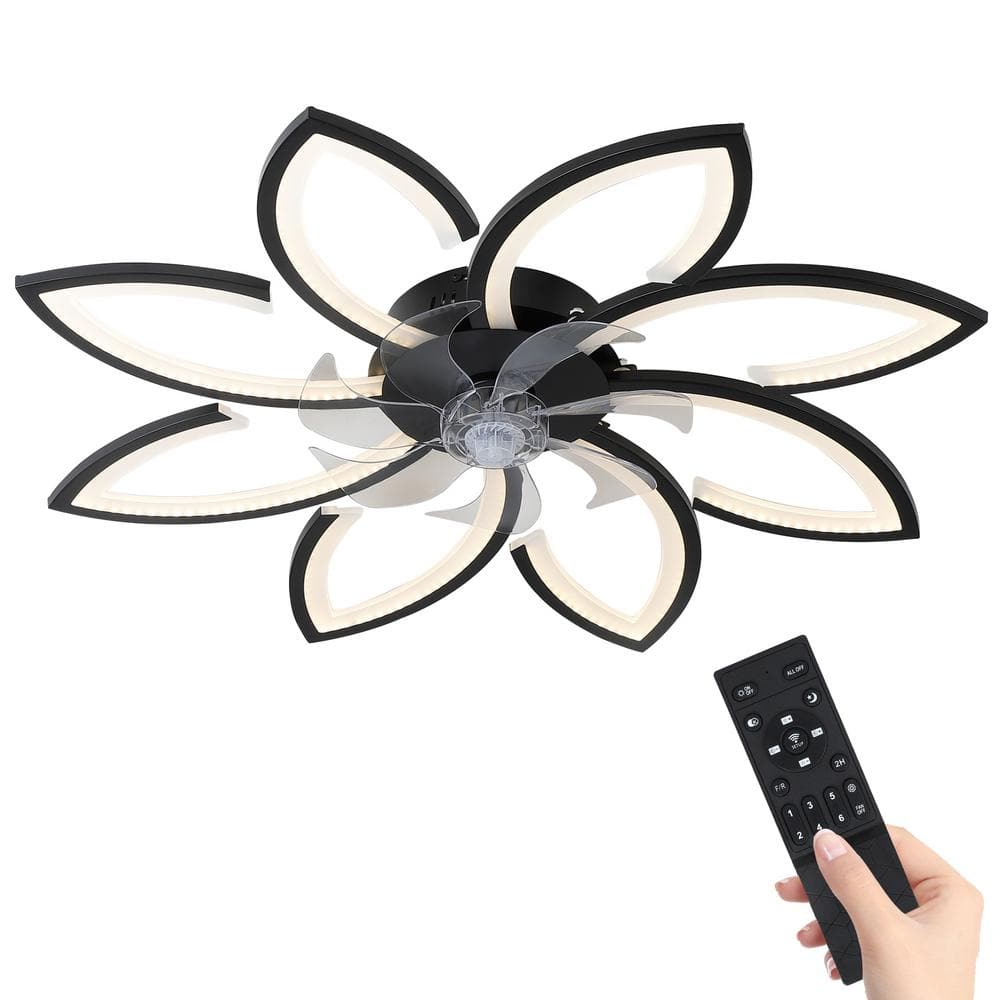 34.3 in. LED Indoor Black Smart Ceiling Fan with Modern Flower-Shaped Dimmable Remote - Hercitys