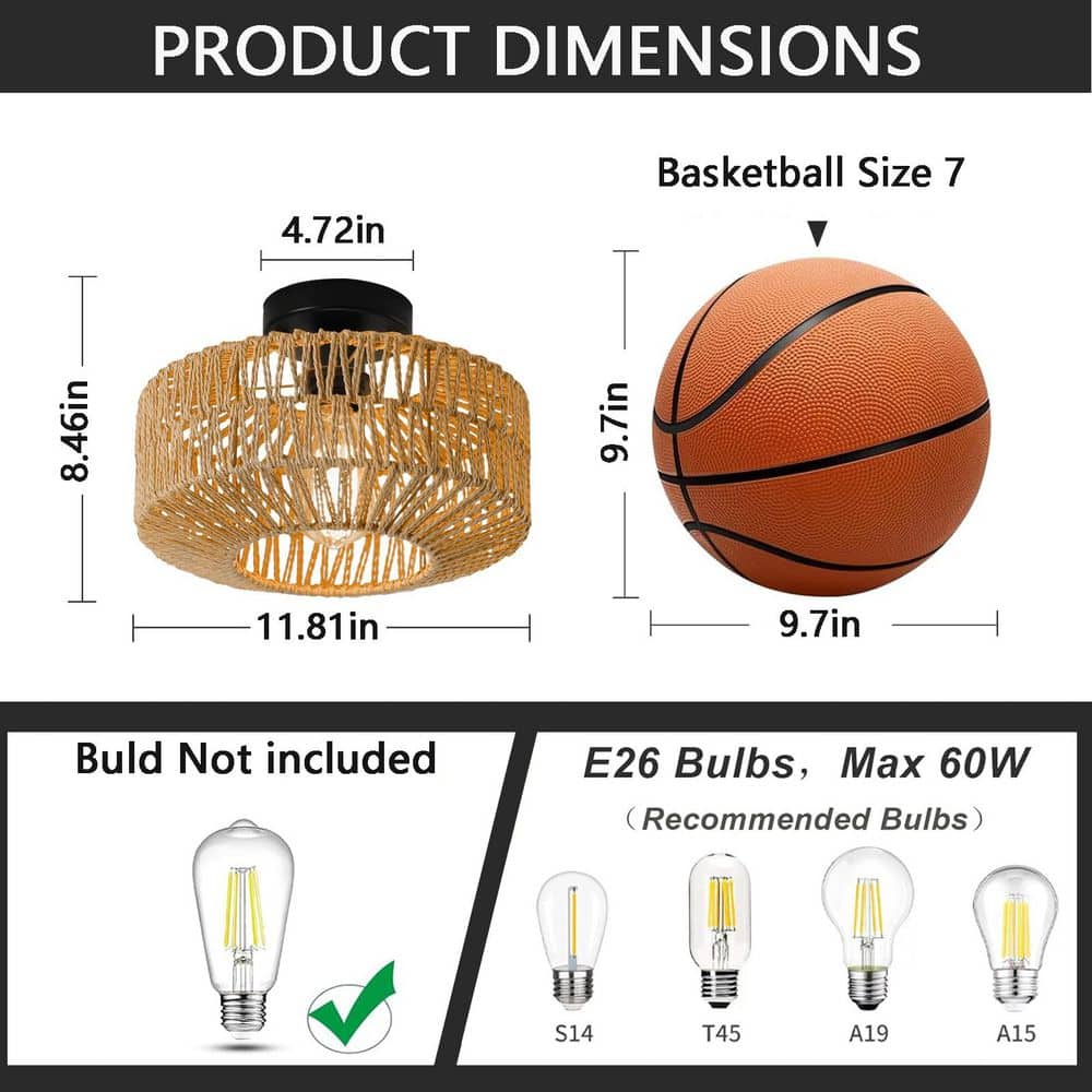 11.8 in. 1-Light Bohemian Natural Rattan Semi-Flush Mount Ceiling Light - Hercitys