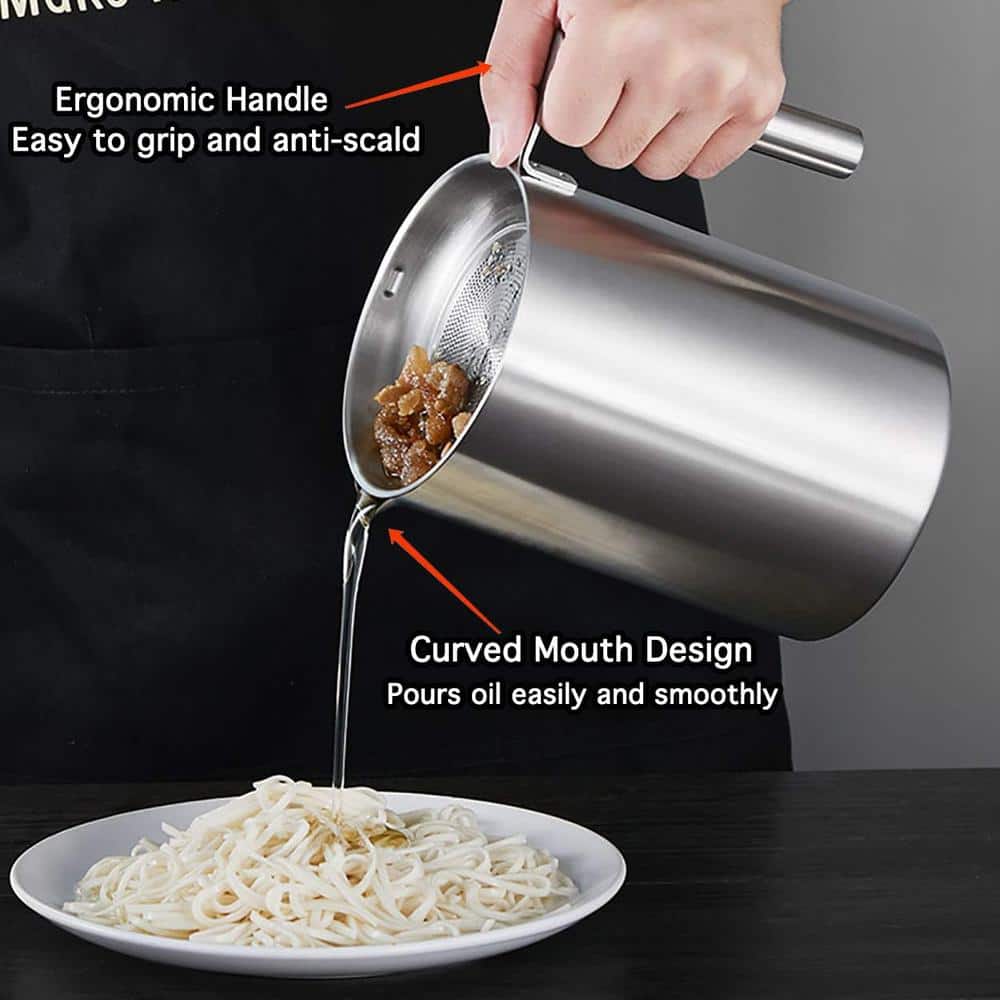 1.8 L/1.9 qt. Stainless Steel Grease Strainer  and  Container with Dust-Proof Lid  and  Easy Grip Handle in Silver - Hercitys