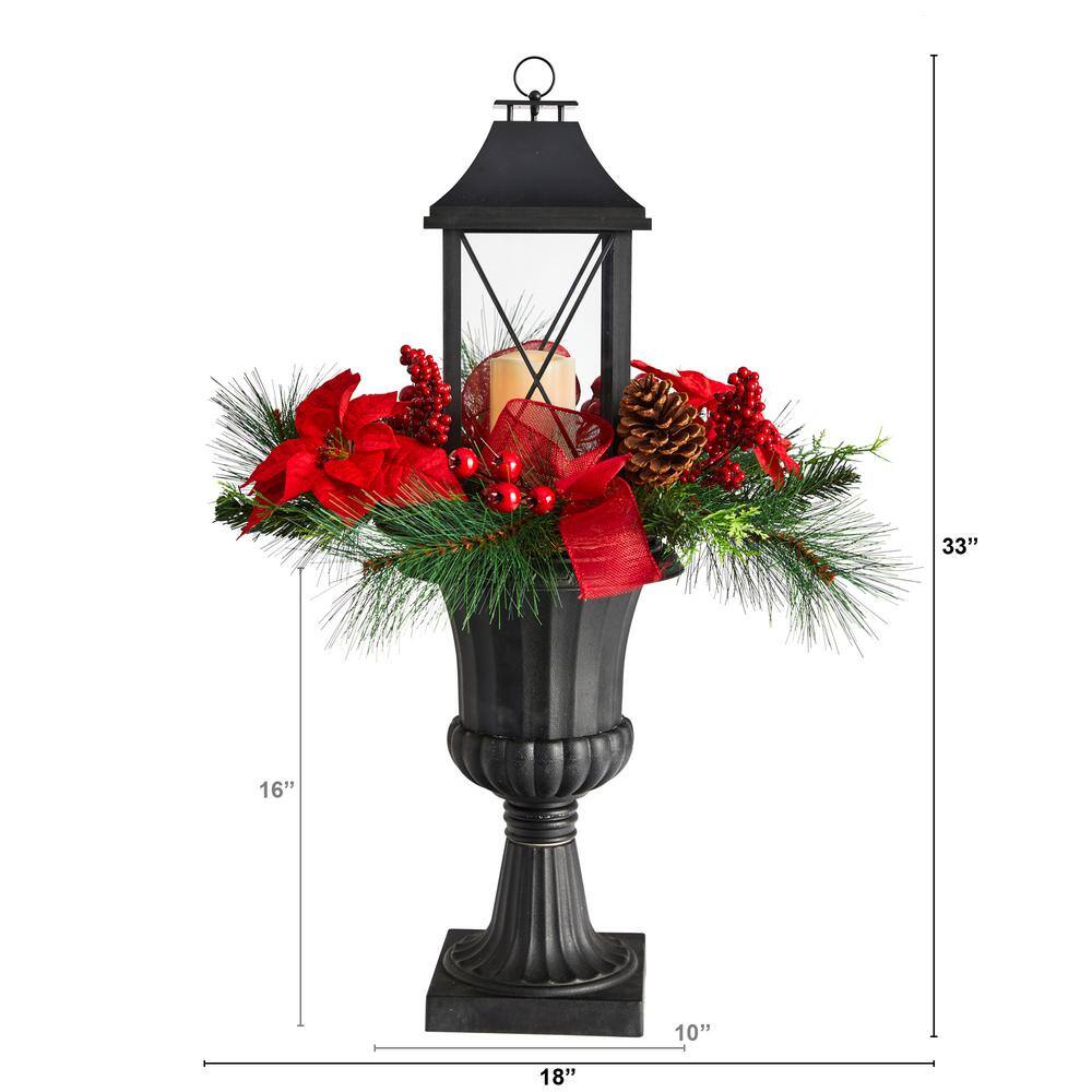 33 in. Unlit Holiday Christmas Berries and Poinsettia with Large Lantern and LED Candle Set in Decorative Urn Porch - Hercitys
