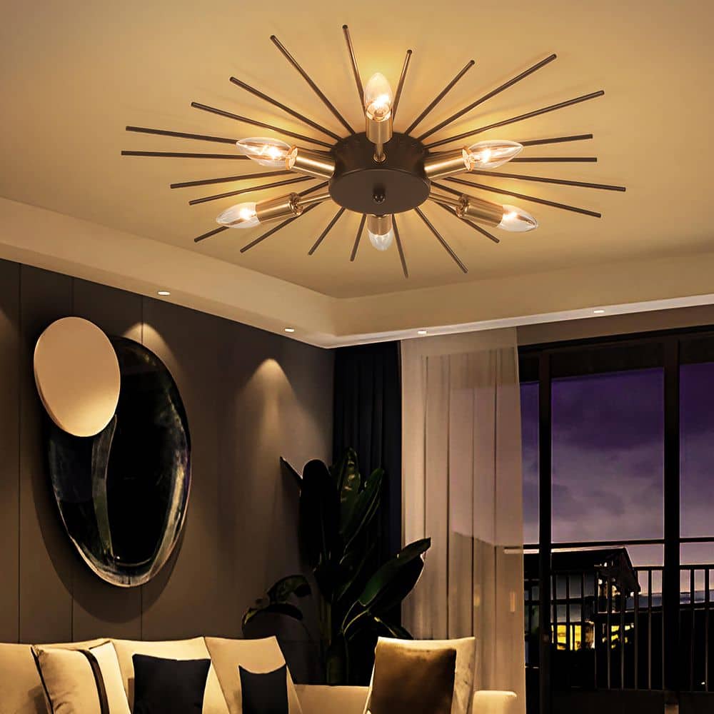 23.82 in. 6-Light Black and Gold Modern Metal Starburst Flush Mount Ceiling Light - Hercitys