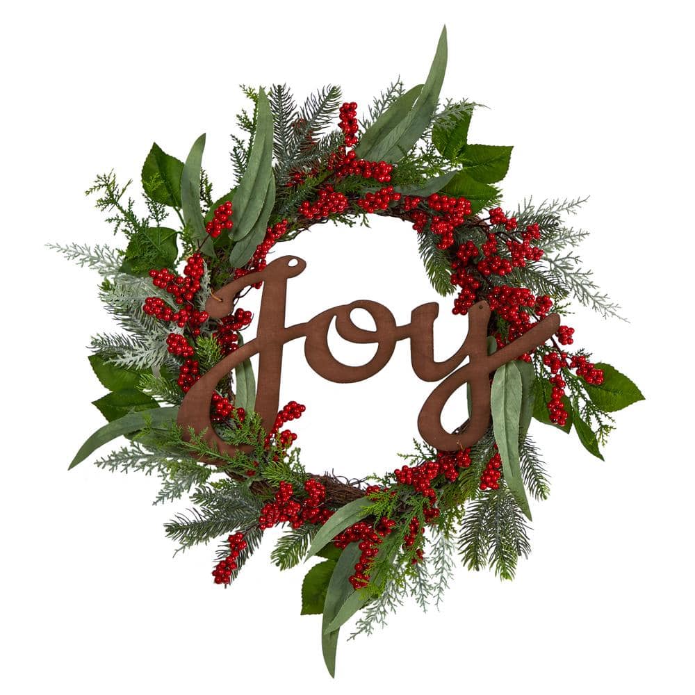 24 in. Unlit Joy and Berries Artificial Christmas Wreath - Hercitys