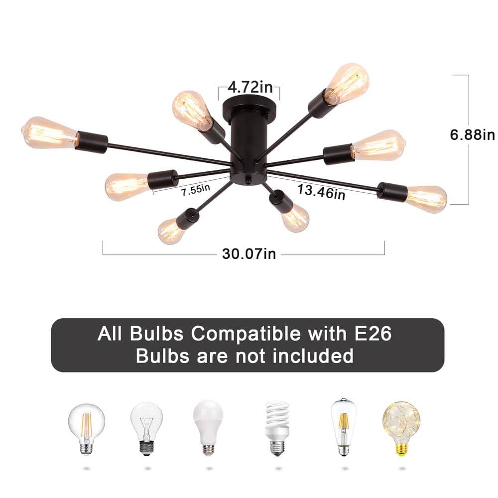 30.07 in. 8-Light Black Sputnik Transitional Flush Mount Ceiling Lights - Hercitys
