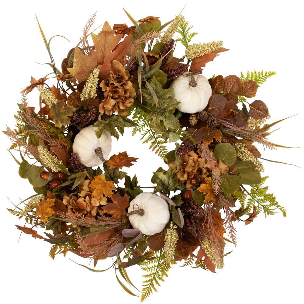 26 in. Unlit Pumpkins and Leaves Artificial Fall Harvest Wreath - Hercitys
