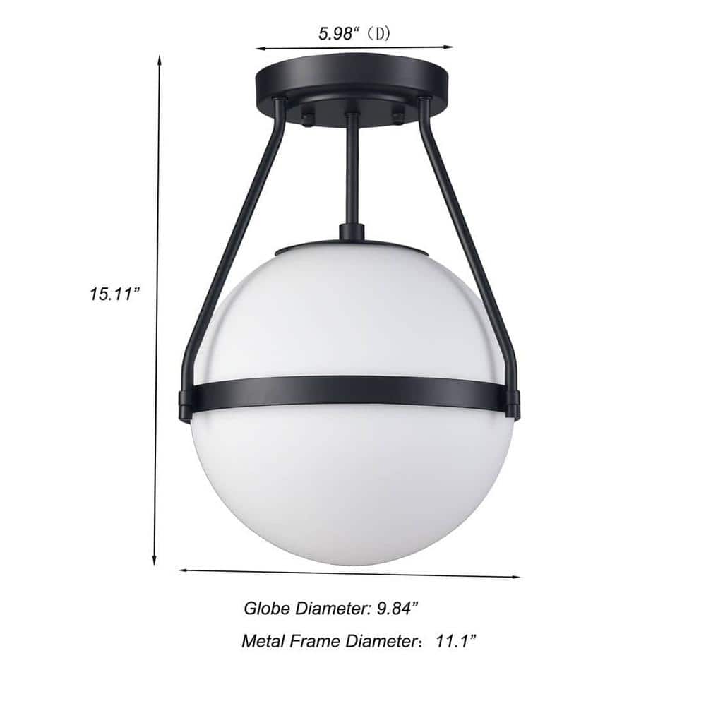 13.25 in. 1-Light Black Modern Semi-Flush Mount with Frosted Glass Shade and No Bulbs Included 1-Pack - Hercitys