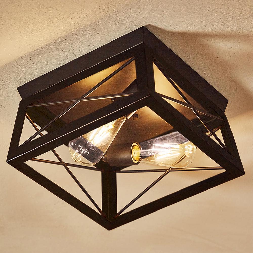 12 in. 2-Light Black Industrial Rectangle Flush Mount Ceiling Light Fixture - Hercitys