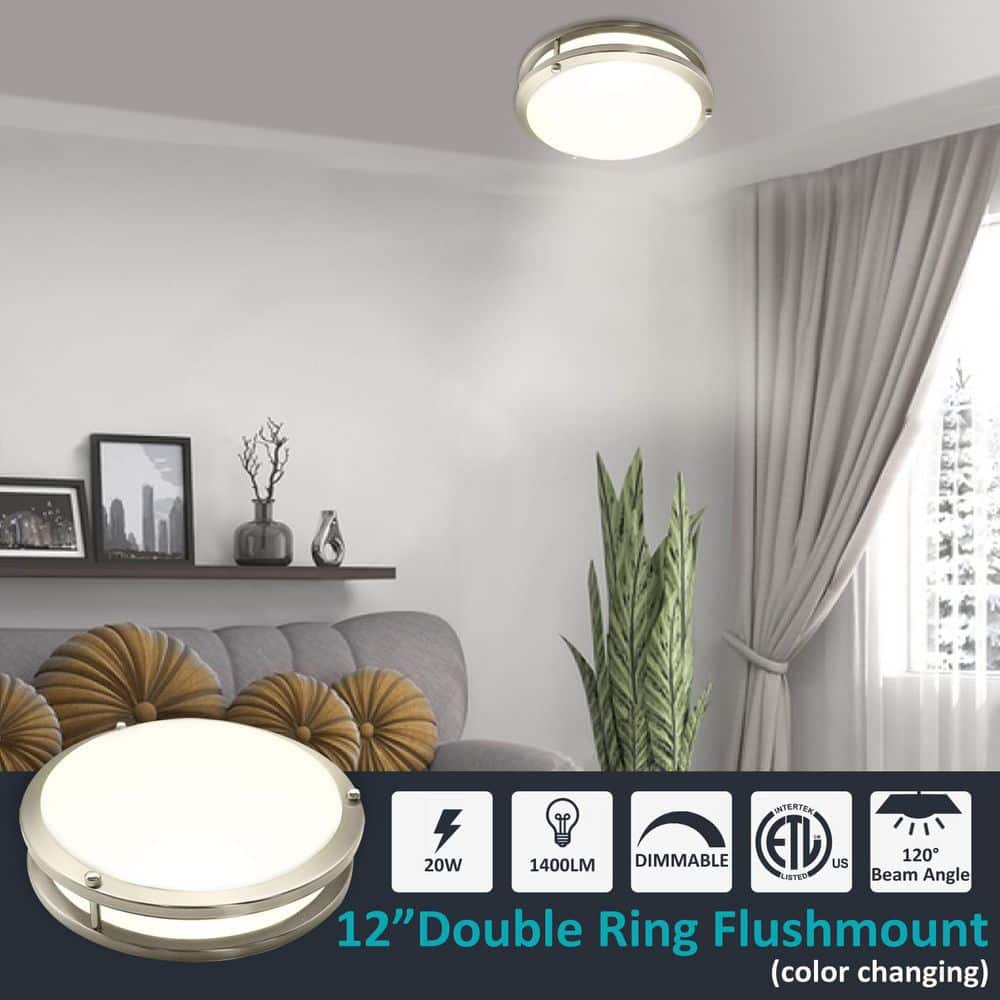 12 in. Brushed Nickel Dimmable LED 3000K Warm White Flush Mount Light Fixture - Hercitys