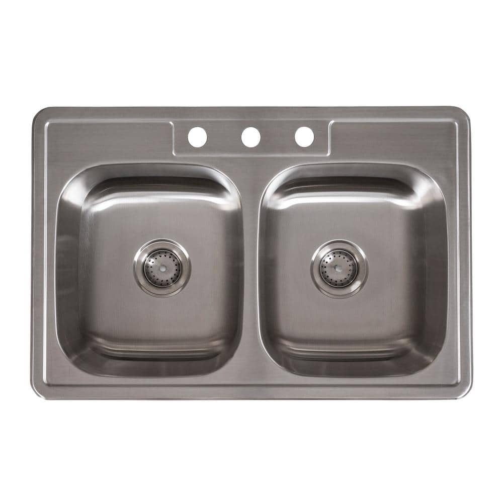 33 in. Overmount 50/50 Double Bowl 18 Gauge Satin Stainless Steel Kitchen Sink with Strainer - Hercitys