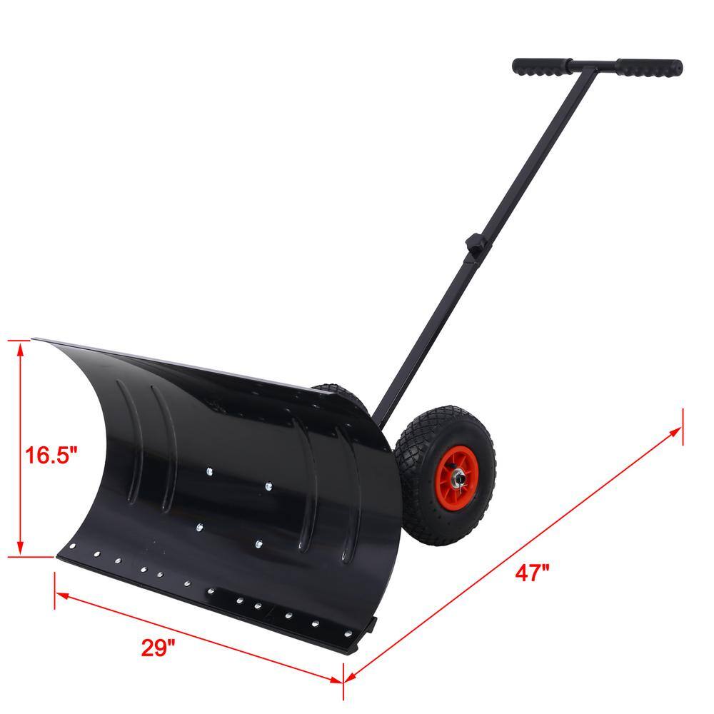 15 in. L Steel Handle Steel Snow Shovel with 29 in. W Blade and 10 in. Wheels, Black - Hercitys
