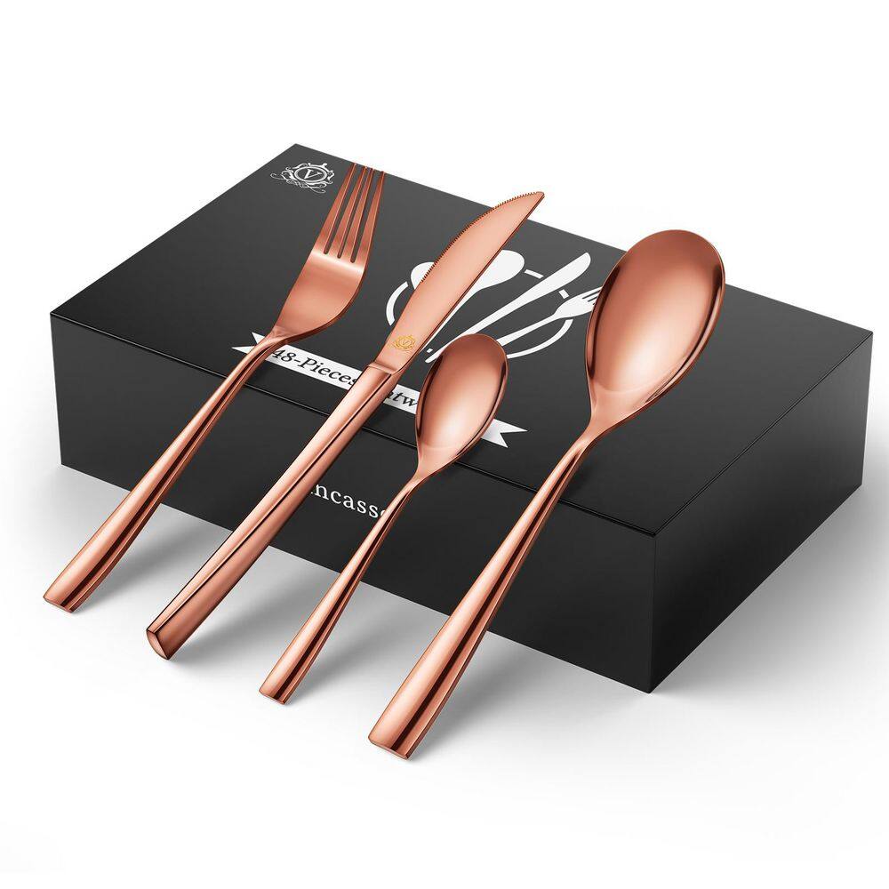 48-Piece Rose Gold Stainless Steel Flatware Set Silverware Set Serving Set Service for 12 - Hercitys