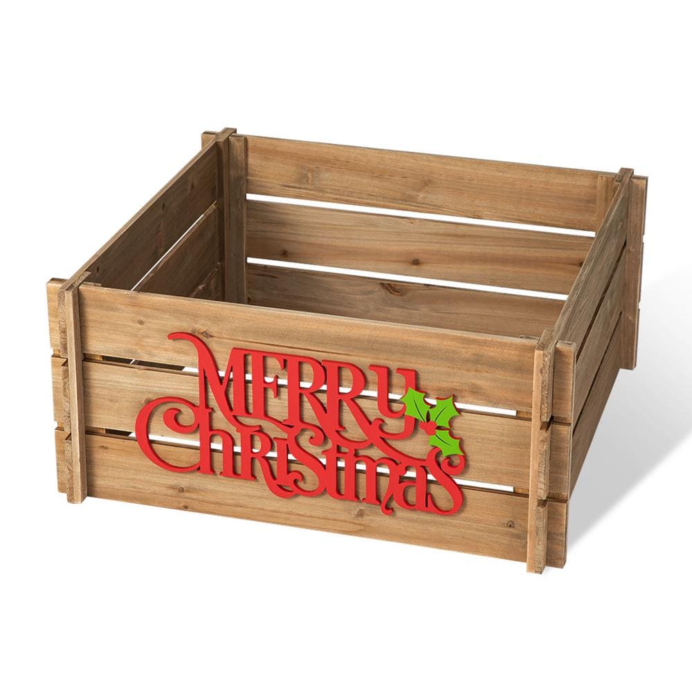 24 in. L Natural Wooden “MERRY CHRISTMAS” Solid Wood Crate Tree Collar - Hercitys