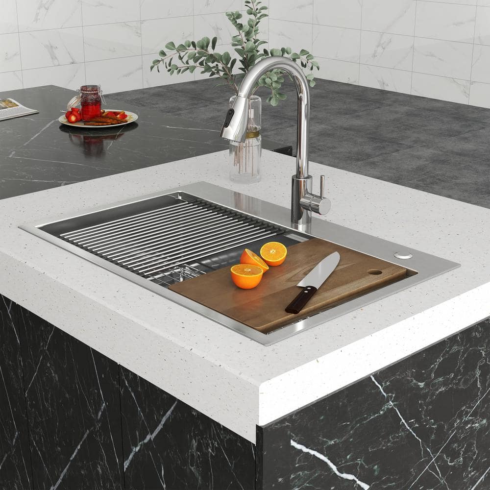 33 in. Drop-In/Undermount Single Bowl 16 Gauge Gunmetal Sliver Stainless Steel Kitchen Sink with Bottom Grids - Hercitys