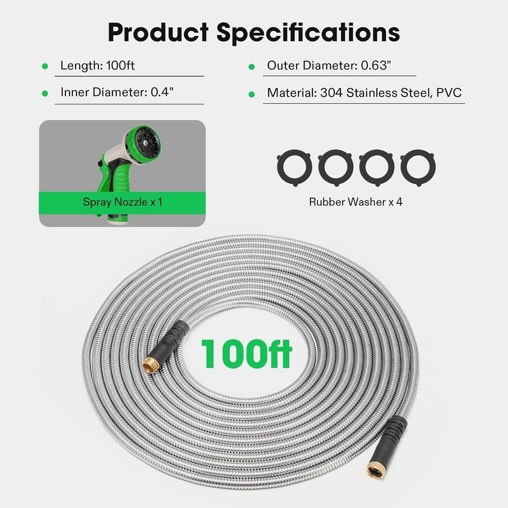 5/8 in. Dia. x 100 ft. Stainless Steel Water Hose with Brass Fittings and 10 Function Nozzle - Hercitys