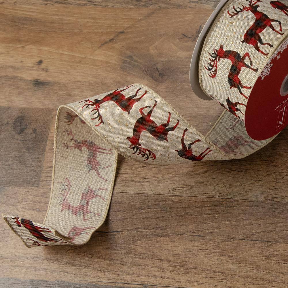 2.5 in. x 16 yds. Buffalo Plaid Deer and Sparkle Burlap Style Wired Craft Ribbon - Hercitys