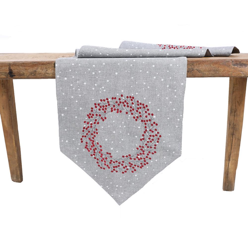 16 in. x 36 in. Holly Berry Wreath Embroidered Christmas Table Runner, Gray - Hercitys