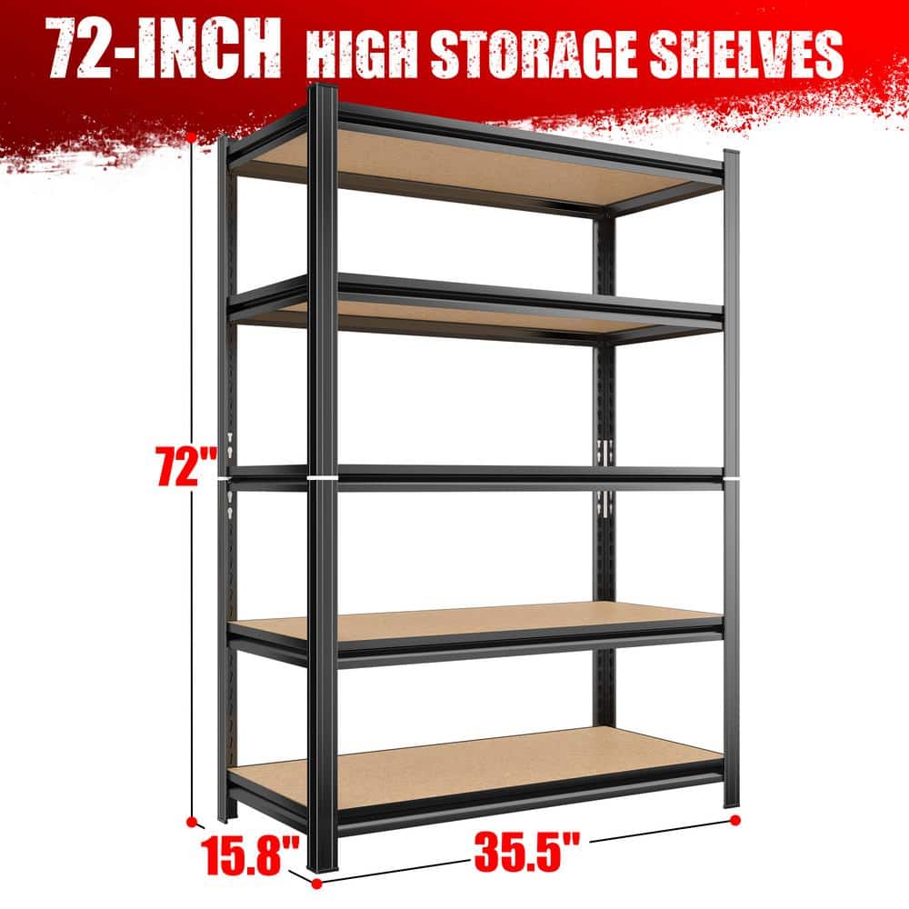 5 Tier Storage Rack, Adjustable Height Shelving, Kitchen Warehouse Supermarket Basement Storage in Black - Hercitys