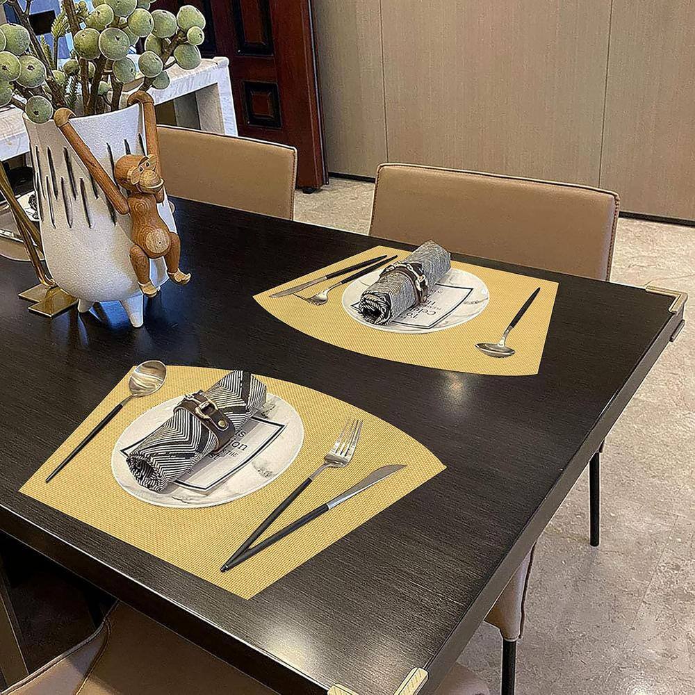 17.7 in. x 11.80 in. Gold Polyester Wedge Placemat Non-Slip Heat Resistant Woven Vinyl Table Mats (Set of 4) - Hercitys