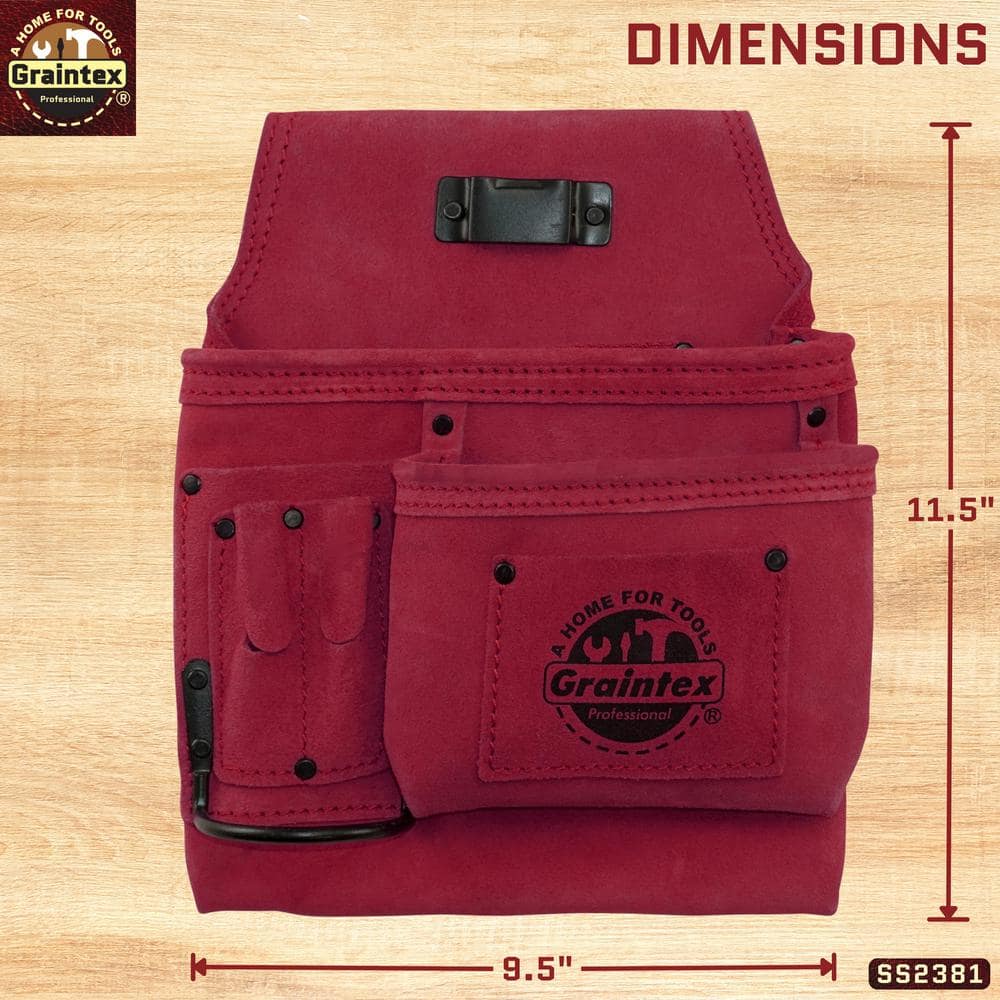 5-Pocket Right Handed Suede Leather Burgundy Nail and Tool Pouch - Hercitys