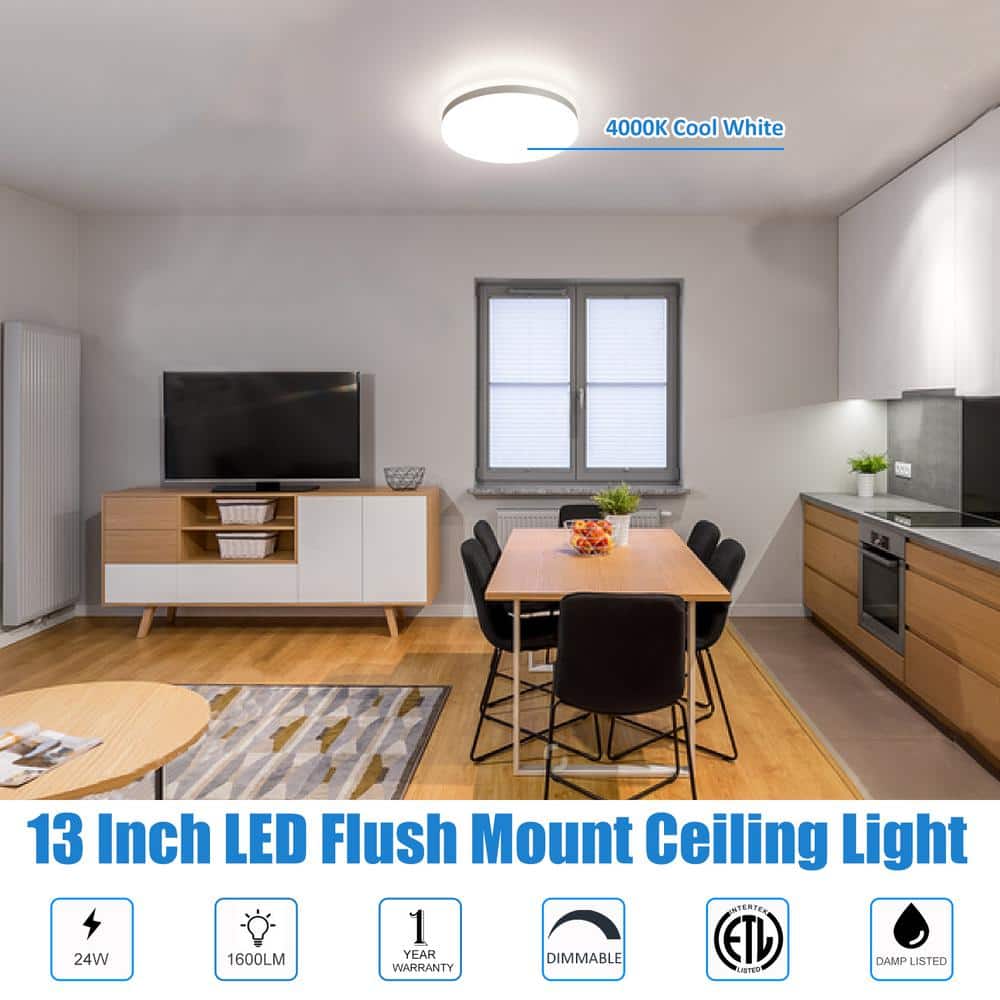 13 in. White LED Ceiling Light with Silver Rim, 4000K Cool White lighting, Dimmable - Hercitys