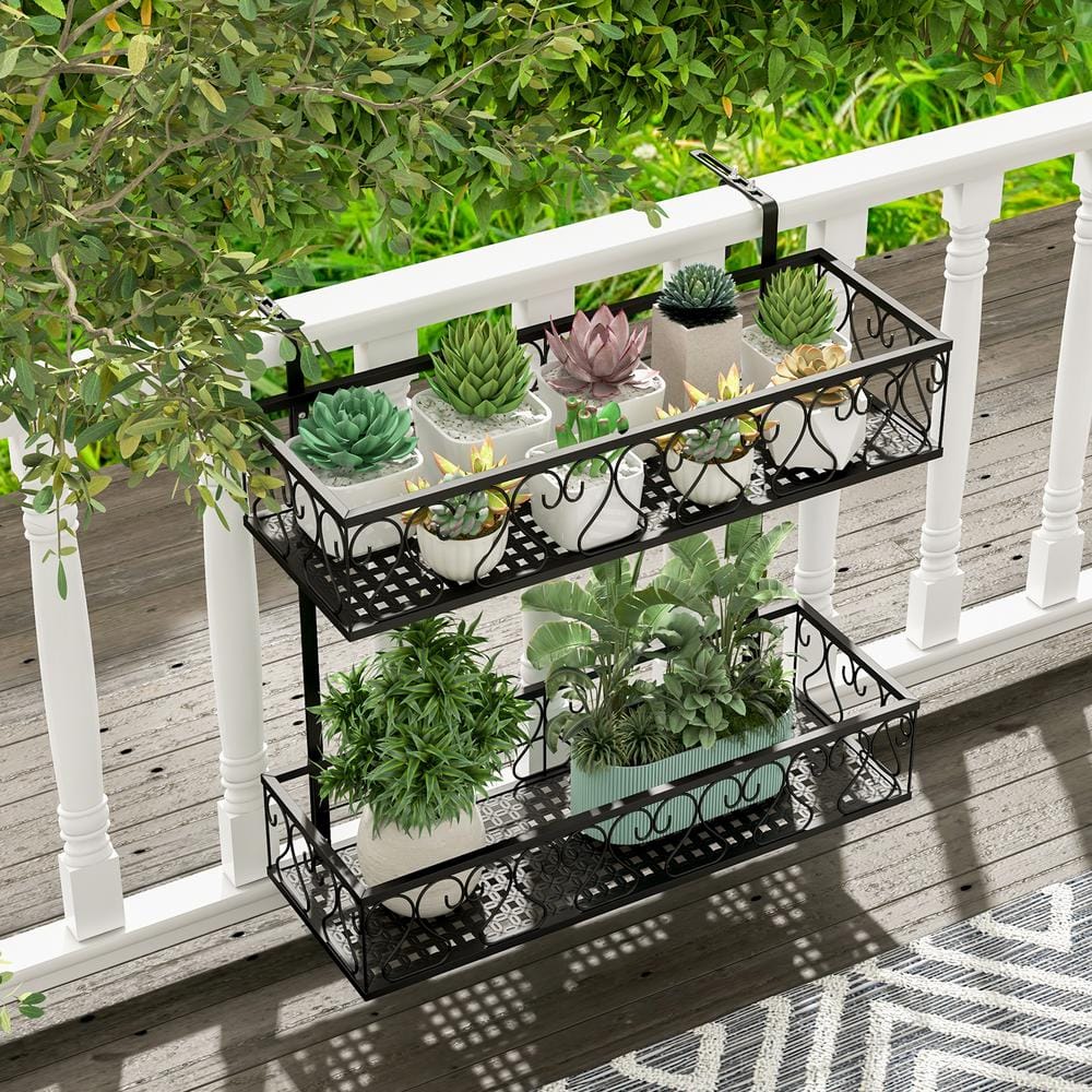 2-Tier Metal Hanging Flower Rack Flower Pot Holder w/Adjustable Hooks Railing Basket Shelf Potted Plant Container - Hercitys