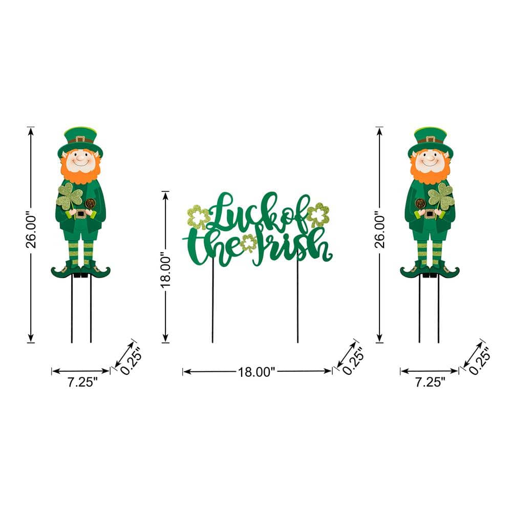 26 in. H Set of 3 St. Patrick’s Metal Leprechaun and LUCK OF THE IRISH Yard Stake - Hercitys