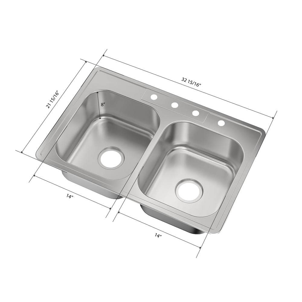 33 in. Drop-In Double Bowl 50/50-20-Gauge Stainless Steel Kitchen Sink - Hercitys