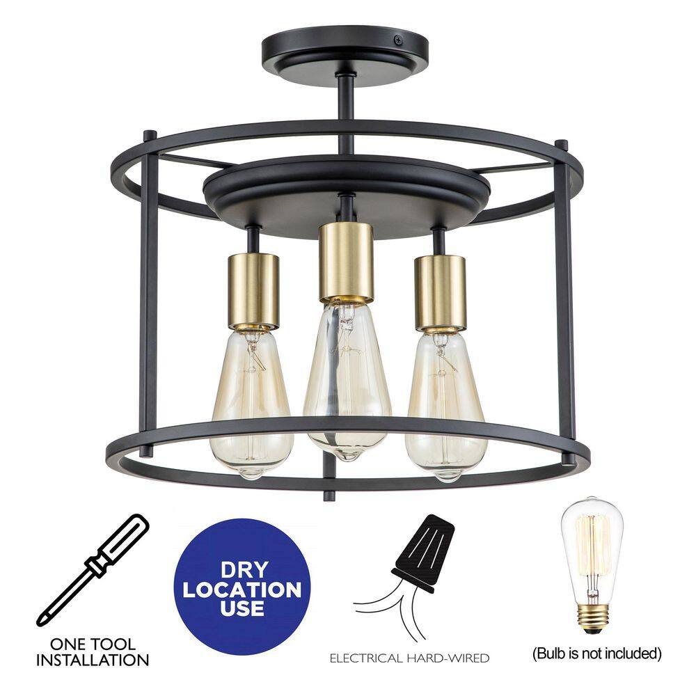 14 in. 3-Light Black and Gold Drum Cage Semi Flush Mount Light - Hercitys