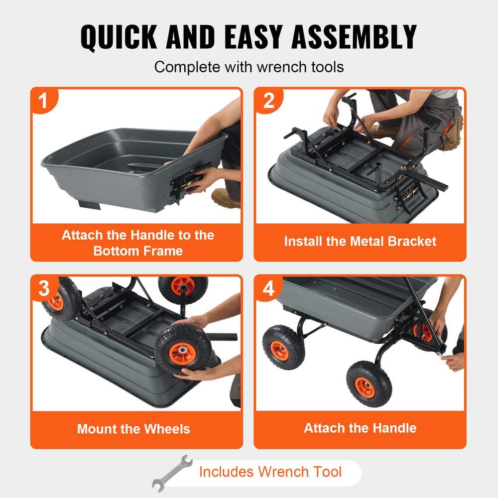4 cu. ft. Dump Cart Poly Steel Frame Dump Wagon with 2 in 1 Convertible Handle Garden Cart 600 lbs. Capacity - Hercitys