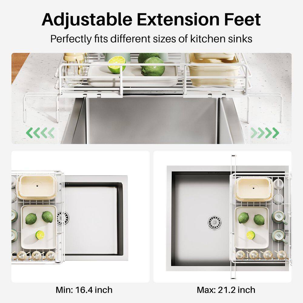 12.2 in. to 21.7 in. White Extendable Dish Rack, Dish Drying Rack, Stainless Steel Dish Strainer with Utensil Holder - Hercitys