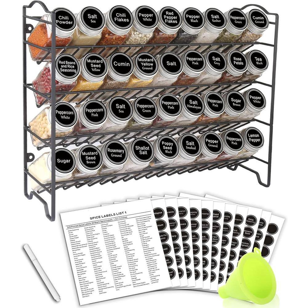 4-Shelf Black Spice Rack Organizer with 36 Empty Square Spice Jars 396 Spice Labels, Marker, and Funnel Complete Set - Hercitys
