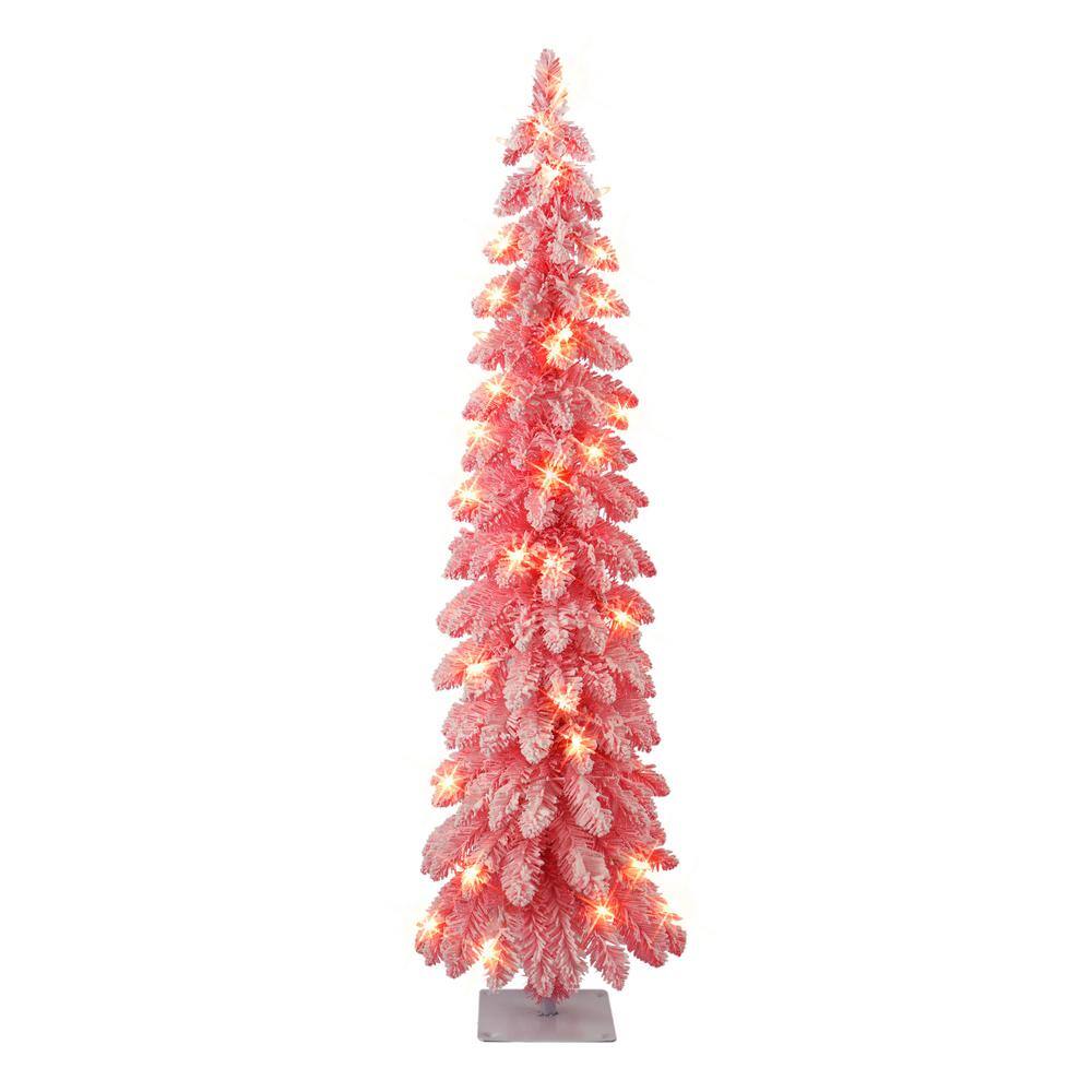4 ft. Prelit Pink Flocked Alpine Pencil Artificial Christmas Tree with 50 UL Clear Incandescent Lights - Hercitys