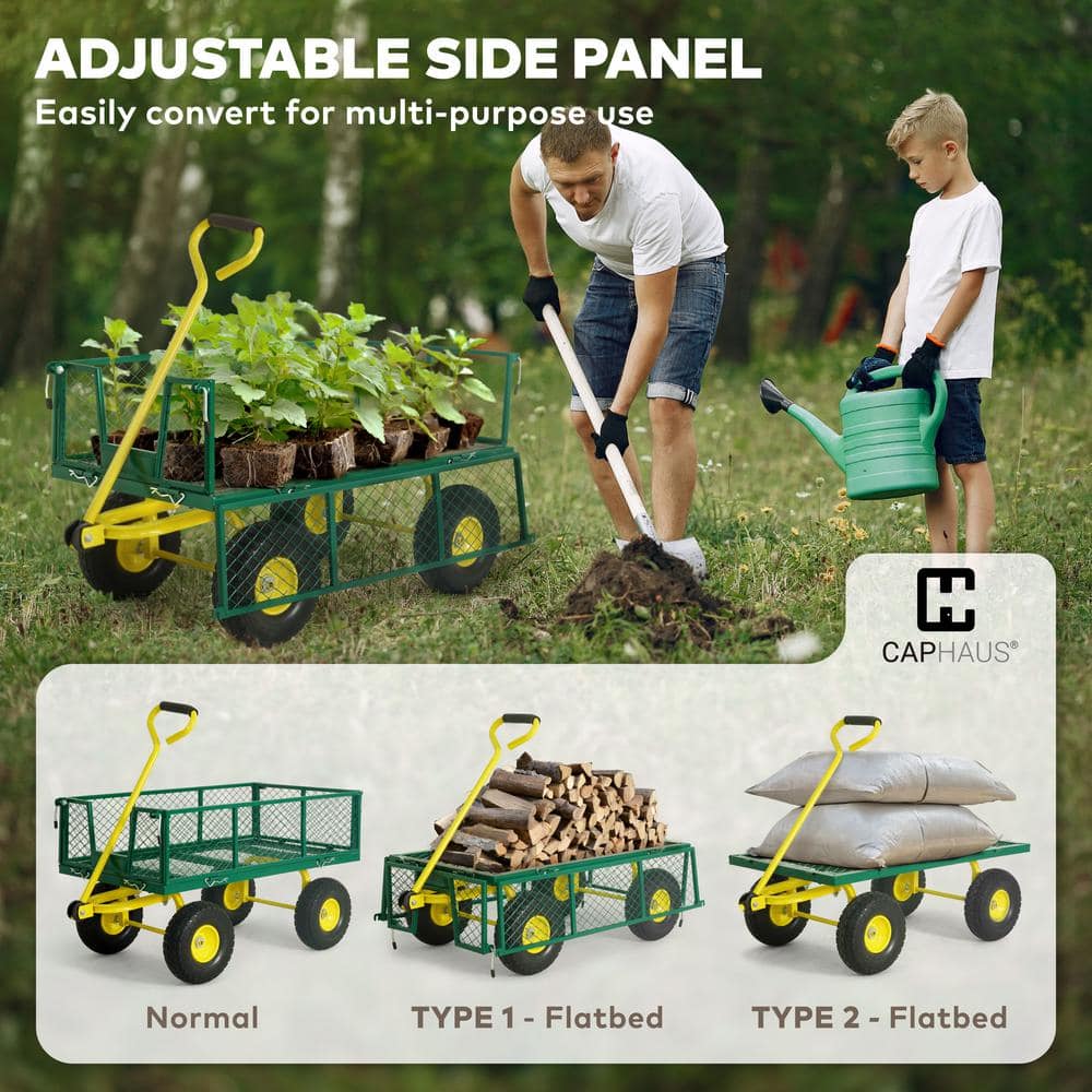 4 cu. ft. Metal Black Garden Cart, W/180° Adjustable Yellow Handle, W/Mat and Strap, Heavy-Duty 880 lbs. Capacity - Hercitys