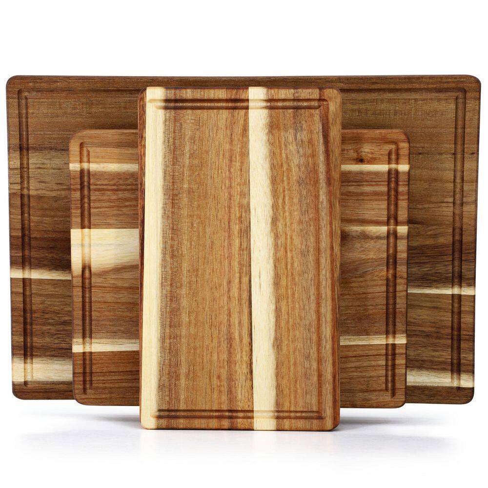 3 Piece 7 in., 10 in., and 17 in. Acacia Wood Cutting Board Set with Juice Grooves - Hercitys